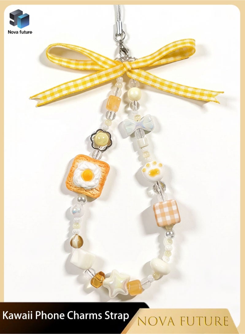 Nova future Kawaii Beaded Pearl Phone Charms Strap,Cute Bowknot Toast Cell Phone Lanyard Wrist Strap - Image 1